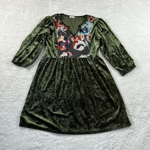 Egy green velvet and floral print babydoll dress, size Large - Picture 1 of 7